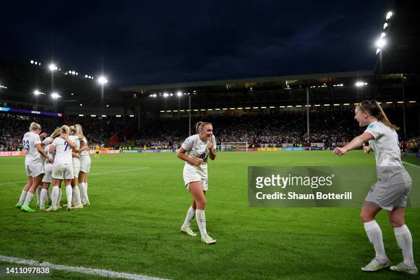 Georgia Stanway and Keira Walsh of England celebrate their team's fourth goal, scored by Fran Kirby during the UEFA Women's Euro 2022 Semi Final...