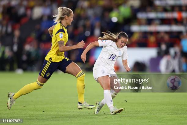 Fran Kirby of England scores their side's fourth goal during the UEFA Women's Euro 2022 Semi Final match between England and Sweden at Bramall Lane...