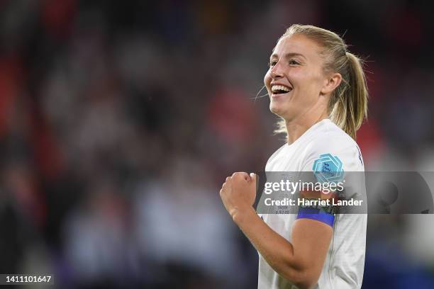 Leah Williamson of England celebrates their side's win after the final whistle of the UEFA Women's Euro 2022 Semi Final match between England and...