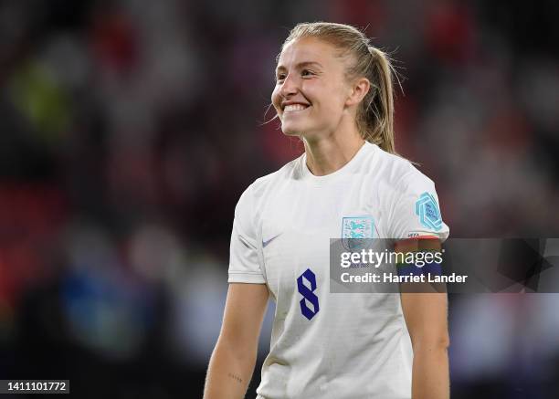 Leah Williamson of England reacts as they celebrate their side's win after the final whistle of the UEFA Women's Euro 2022 Semi Final match between...