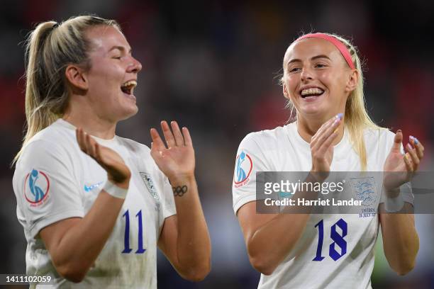 Lauren Hemp and Chloe Kelly of England celebrate their side's win after the final whistle of the UEFA Women's Euro 2022 Semi Final match between...