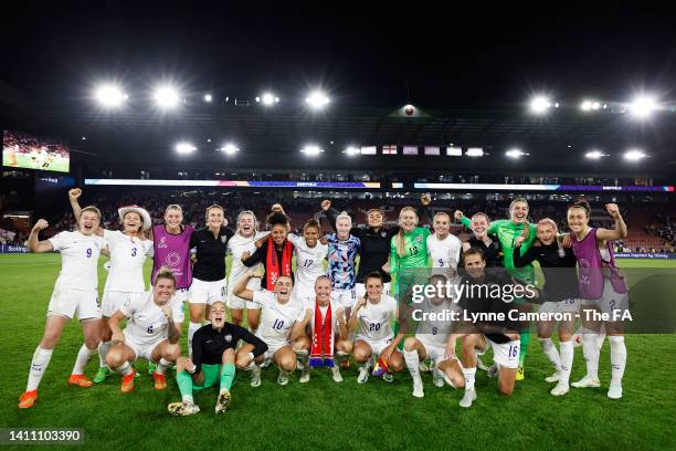 England players celebrate after victory in the UEFA Women's Euro 2022 Semi Final match between England and Sweden at Bramall Lane on July 26, 2022 in...