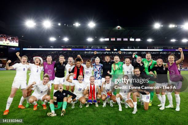 England players celebrate after victory in the UEFA Women's Euro 2022 Semi Final match between England and Sweden at Bramall Lane on July 26, 2022 in...