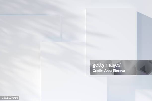 three white podiums with shadows. flat lay - leaves white background stockfoto's en -beelden