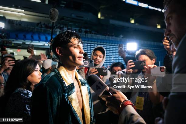 Ryan Garcia speaks to the media after being announced the winner by unanimous decision at his lightweight fight against Emmanuel Tagoe at Alamodome...