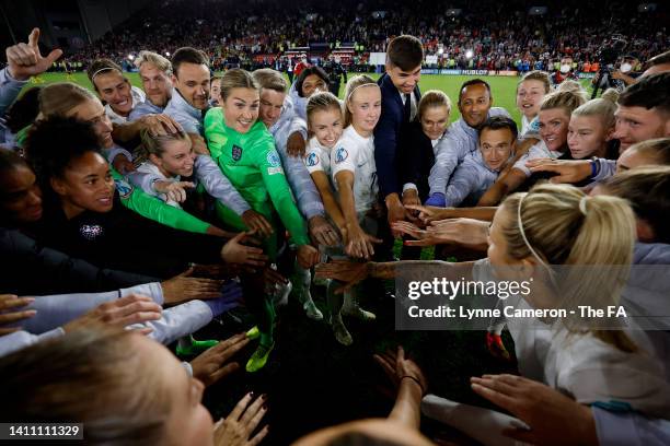 The England team form a huddle following victory in the UEFA Women's Euro 2022 Semi Final match between England and Sweden at Bramall Lane on July...