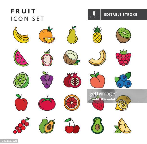 whole and sliced fresh fruit thin line icon set - editable stroke - passionfruit stock illustrations