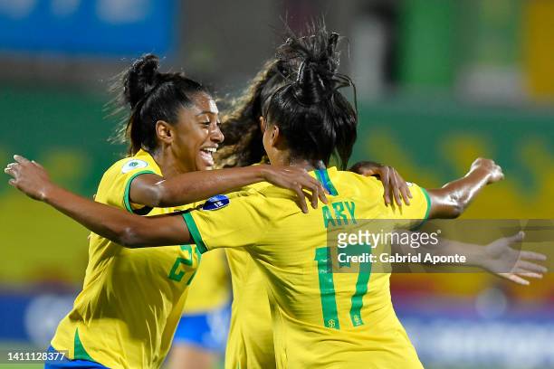 Ary Borges of Brazil celebrates with teammate Kerolin after scoring the first goal of her team during the Women's CONMEBOL Copa America 2022 Semi...