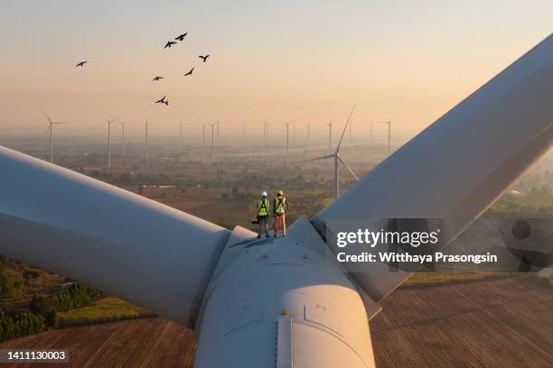 two rope access technicians working on higher wind turbine blades. - energia eolica foto e immagini stock