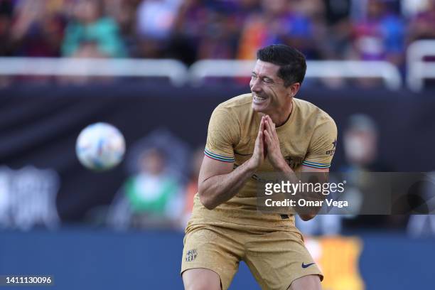 Robert Lewandowski of Barcelona reacts after missing a chance to score during the preseason friendly match between FC Barcelona and Juventus FC at...