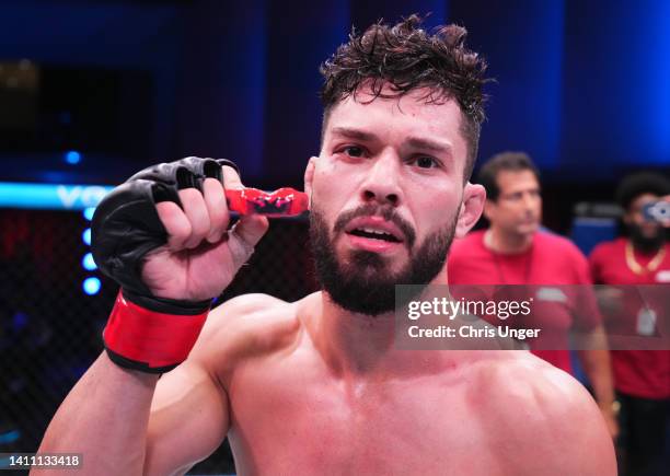 Dennis Buzukja reacts after his victory over Kaleio Romero in a featherweight fight during Dana White's Contender Series Season 6 Week 1 at UFC APEX...