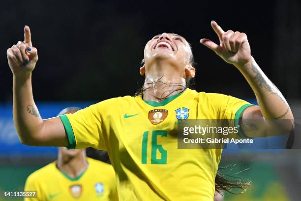 Bia Zaneratto of Brazil celebrates after scoring the second goal of her team during the Women's CONMEBOL Copa America 2022 Semi Final match between...
