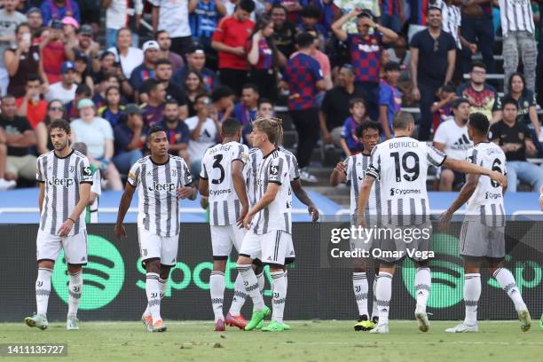 Moise Kean of Juventus FC celebrates with his teammates after scoring 1st goal during the preseason friendly match between FC Barcelona and Juventus...