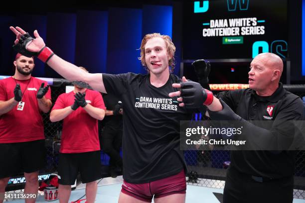 Anton Turkalj of Sweden reacts after his victory over Acacio Dos Santos of Brazil in a light heavyweight fight during Dana White's Contender Series...