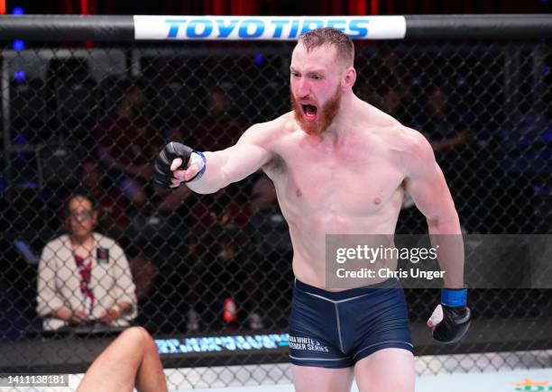 Joe Pyfer reacts after his victory over Ozzy Diaz in a middleweight fight during Dana White's Contender Series Season 6 Week 1 at UFC APEX on July...