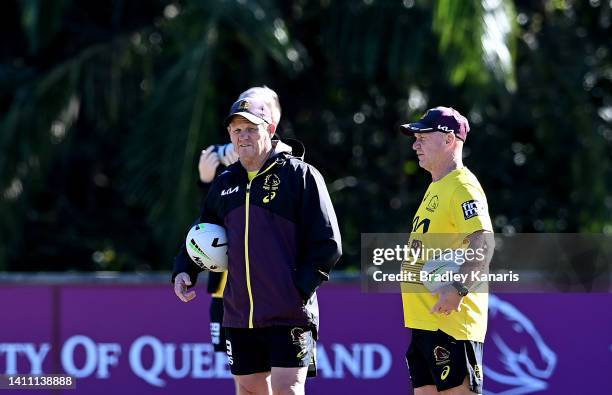 Coach Kevin Walters with Assistant Allan Langer during a Brisbane Broncos NRL training session at Clive Berghofer Field on July 27, 2022 in Brisbane,...