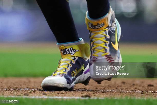 Detailed view of the cleats worn by Willy Adames of the Milwaukee Brewers during the seventh inning against the Minnesota Twins at American Family...