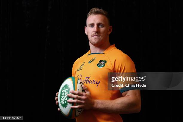 Reece Hodge posesduring an Australian Wallabies training session at Royal Pines Resort on July 27, 2022 in Gold Coast, Australia.