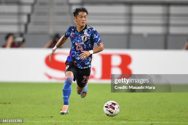 Ryura Koike of Japan in action during the EAFF E-1 Football Championship match between Japan and China at Toyota Stadium on July 24, 2022 in Toyota,...