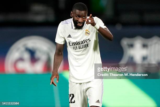 Antonio Rüdiger of Real Madrid reacts against Club America in the second half of the Soccer Champions Tour 22 during a pre-season friendly soccer...