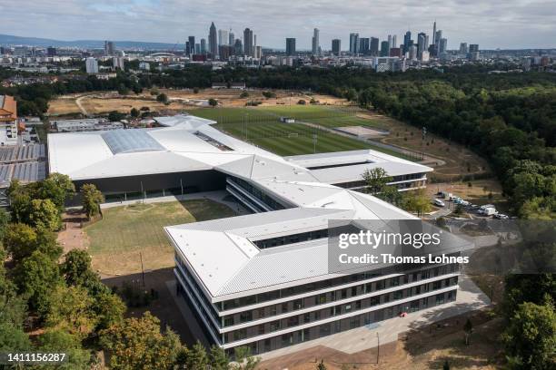 This aerial view shows the the DFB-Campus, headquarter of the German Football Association and home of the DFB Academy, with the Frankfurt skyline in...