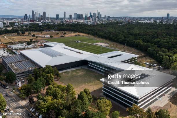 This aerial view shows the the DFB-Campus, headquarter of the German Football Association and home of the DFB Academy, with the Frankfurt skyline in...