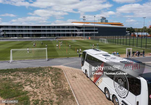 An areal view shows players of the Germany Women's U16 team training at the DFB-Campus, headquarter of the German Football Association and home of...