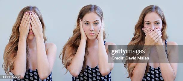 see, hear, speak no evil. - see no evil stock pictures, royalty-free photos & images