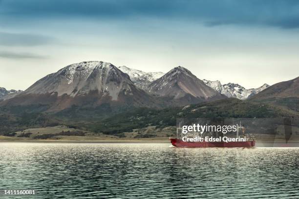 fishing boat, in the beagle channel. patagonia, tierra del fuego, argentina. - argentinien island stock pictures, royalty-free photos & images