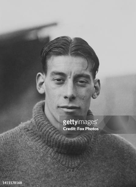Portrait of English professional footballer Leon Young, Centre Half for West Ham United Football Club circa October 1936 at the Boleyn Ground in...