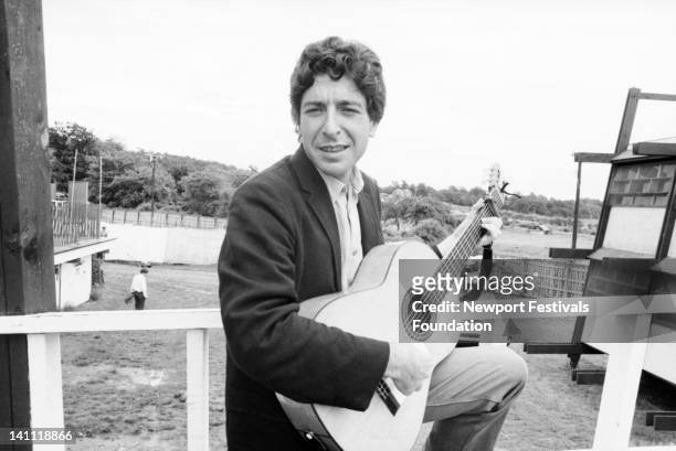 Singer/songwriter Leonard Cohen backstage before his debut performance at the Newport Folk Festival in July 1967 in Newport, Rhode Island.