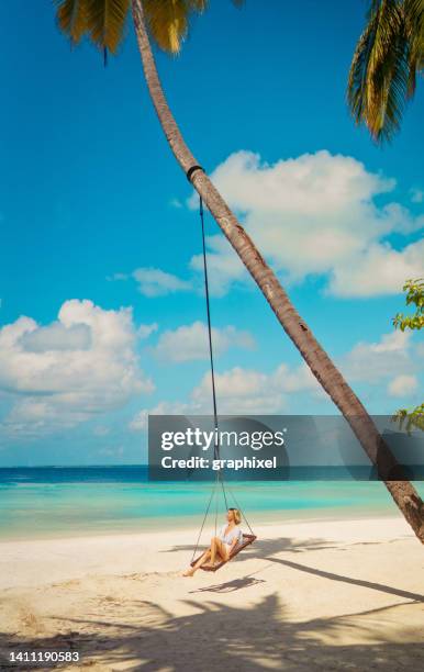 beautiful woman sitting on rope swing with coconut palm tree - coconut beach woman stock pictures, royalty-free photos & images