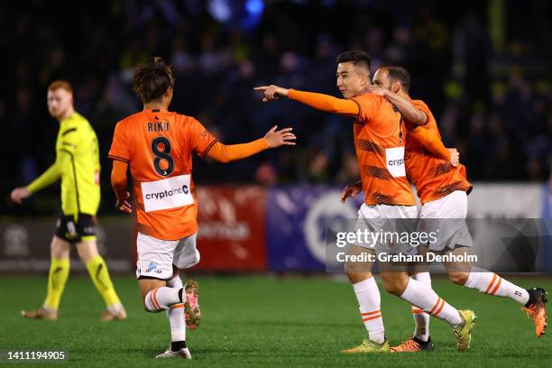 Rahmat Akbari of the Roar celebrates his goal during the Australia Cup Rd of 32 match between Heidelberg United FC and Brisbane Roar FC at Olympic...