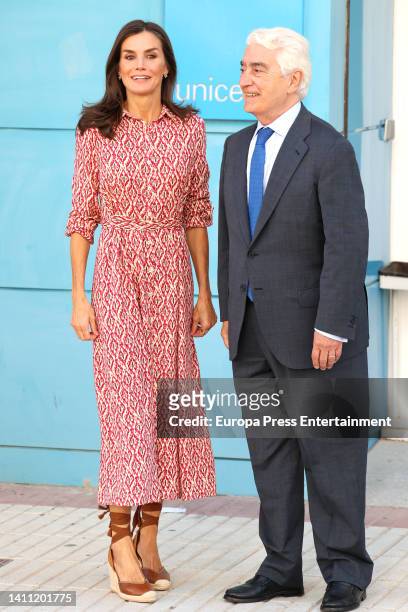 Queen Letizia is greeted by the president of UNICEF Spain, Gustavo Suarez Pertierra, upon her arrival at the working meeting held at the headquarters...