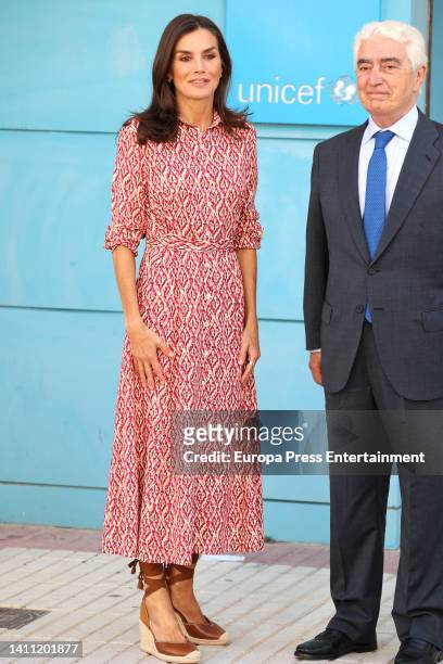 Queen Letizia poses with Gustavo Suarez Pertierra upon her arrival at the working meeting held at the headquarters of the UNICEF Spanish Committee on...