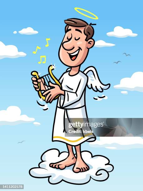 ilustraciones, imágenes clip art, dibujos animados e iconos de stock de ángel en una nube tocando el arpa - innocence