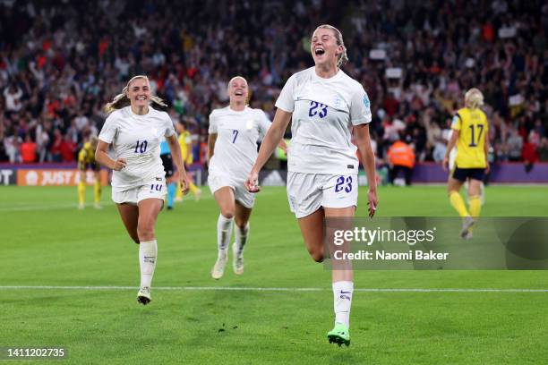 Alessia Russo of England celebrates scoring their side's third goal during the UEFA Women's Euro 2022 Semi Final match between England and Sweden at...