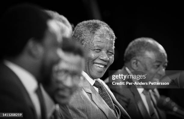 Nelson Mandela speaks during a press conference at the Swedish parliament while on a five-day state visit to Sweden on March 13 in Stockholm, Sweden....