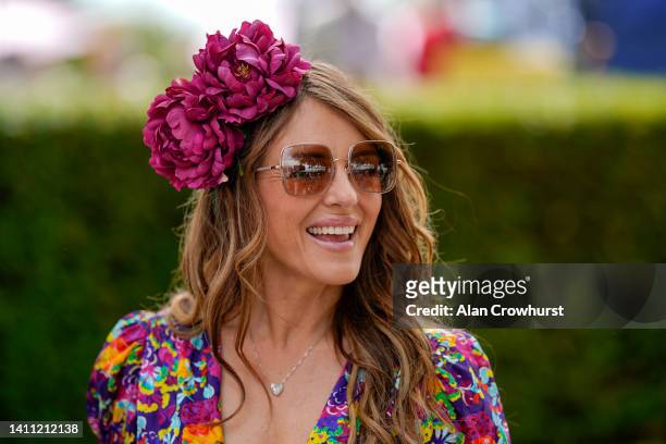 Actress Liz Hurley during day two of the Qatar Goodwood Festival at Goodwood Racecourse on July 27, 2022 in Chichester, England.