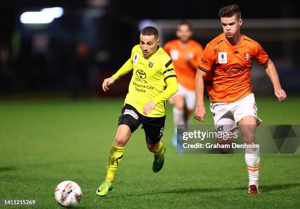Adrian Zahra of Heidelberg United chases the ball during the Australia Cup Rd of 32 match between Heidelberg United FC and Brisbane Roar FC at...