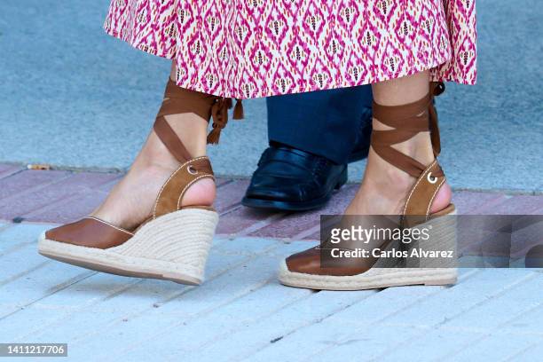 Queen Letizia of Spain, shoes detail, attends a meeting on Mental Health at the UNICEF headquarters on July 27, 2022 in Madrid, Spain.