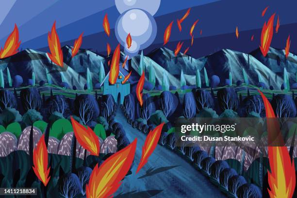 house on fire - forest fire house stock illustrations