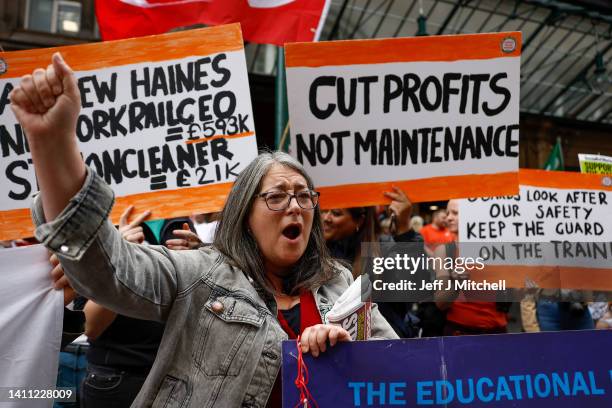 Picket line outside Glasgow Central station as a nationwide strike called by the RMT Union was held today on July 27, 2022 in Glasgow, Scotland....