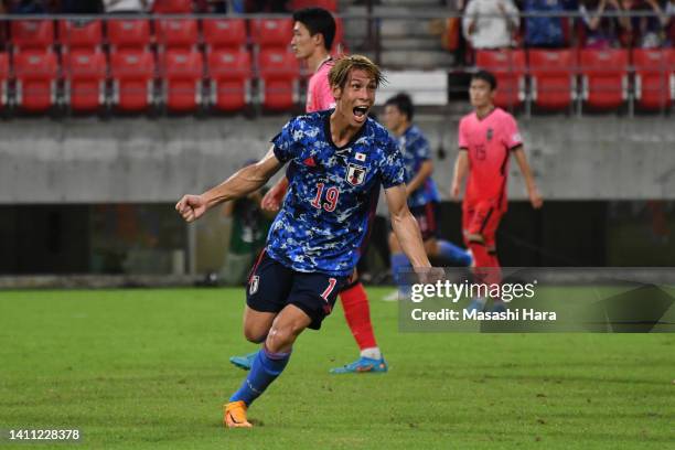 Sho Sasaki of Japan celebrates the second goal during the EAFF E-1 Football Championship match between Japan and South Korea at Toyota Stadium on...