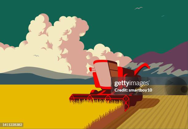 illustrazioni stock, clip art, cartoni animati e icone di tendenza di mietitrebbiatrice - mietitrebbia