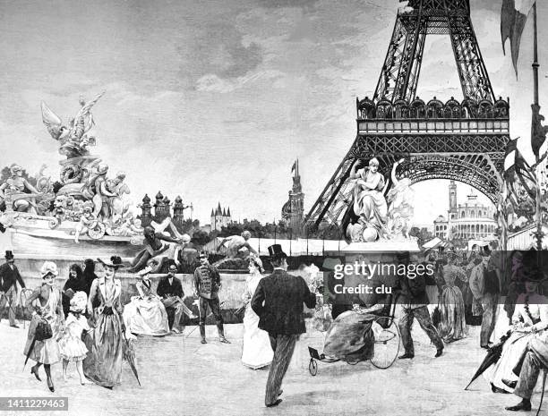 ilustraciones, imágenes clip art, dibujos animados e iconos de stock de exposición universal de parís 1889, lugar en la fontaine monumentale, torre eiffel al fondo - siglo xix