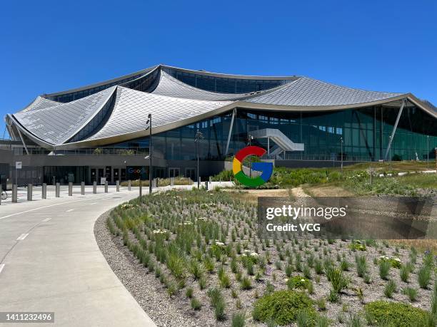 Signage is displayed outside Google's new Bay View campus on June 16, 2022 in Mountain View, California.