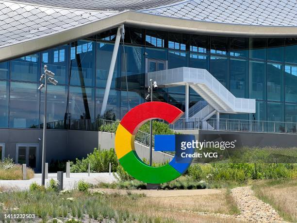 Signage is displayed outside Google's new Bay View campus on June 16, 2022 in Mountain View, California.