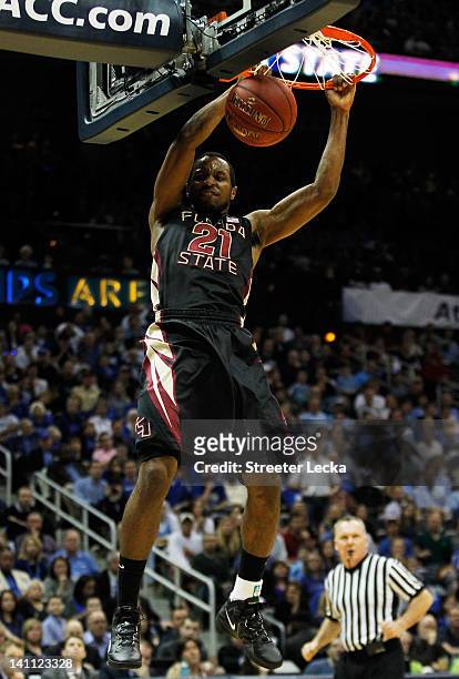 Michael Snaer of the Florida State Seminoles dunks on the Duke Blue Devils in the first half during the semifinals of the 2012 ACC Men's Basketball...