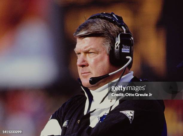 Jimmy Johnson, Head Coach for the Dallas Cowboys looks on from the sideline during the National Football Conference Championship game against the San...